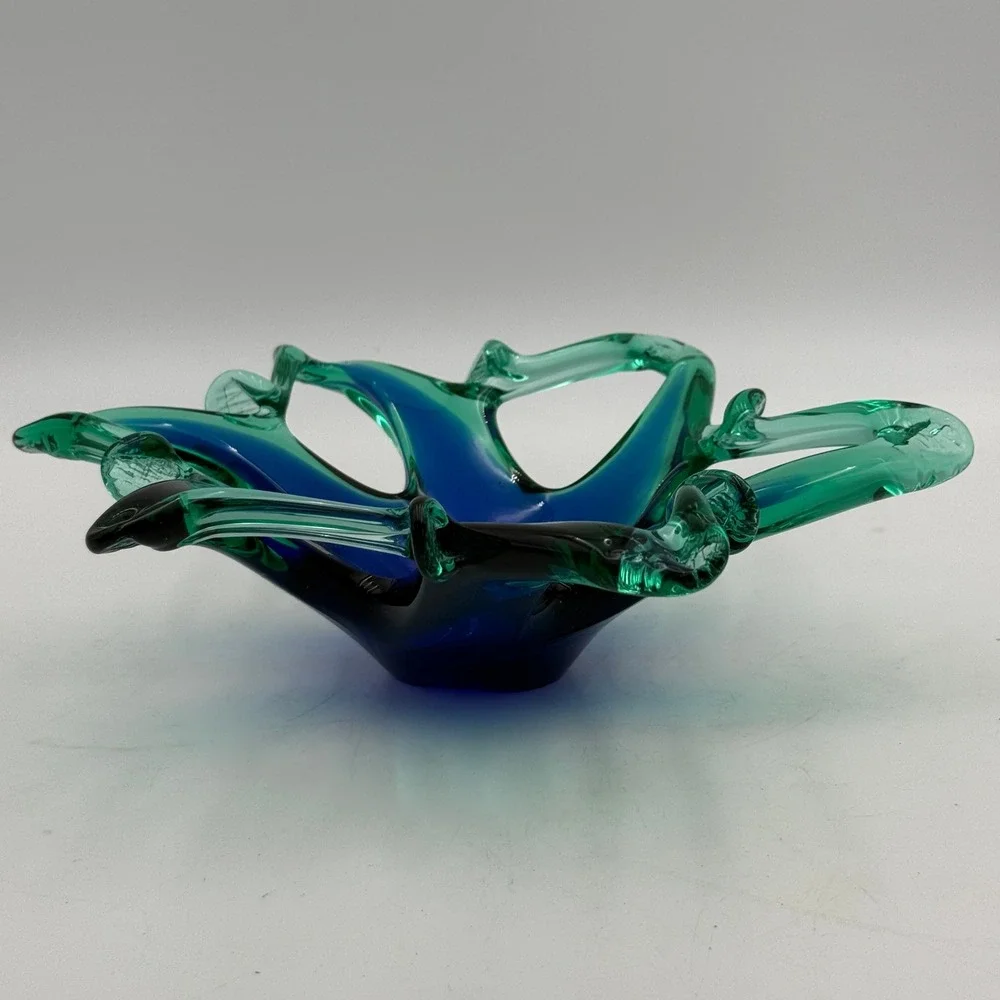 Vintage Art Glass Starburst Bowl Blue Green Hand Blown Centerpiece 9 Inch